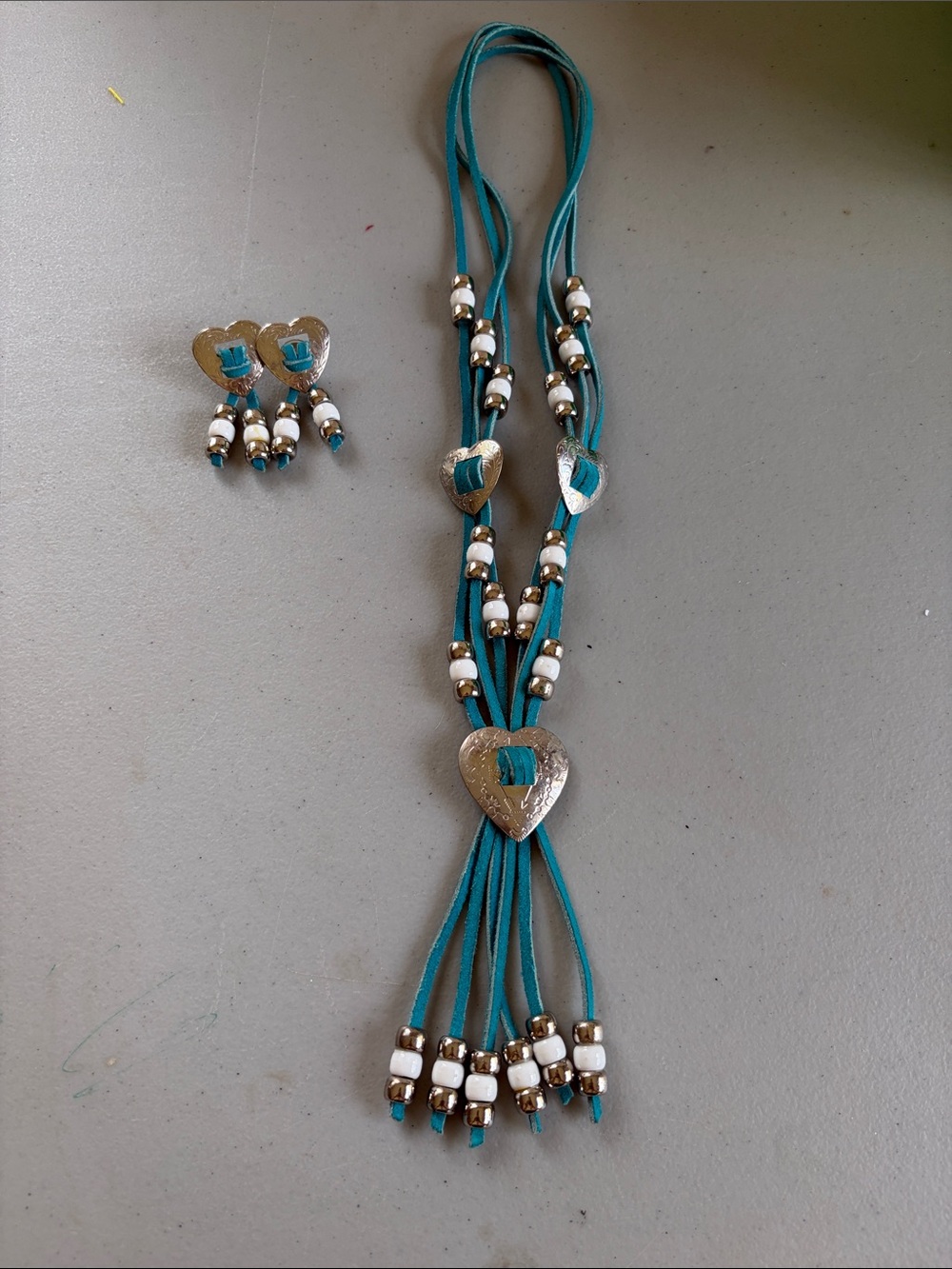 Southwestern Turquoise Faux Suede Concho Necklace Set Western Heart Tassel